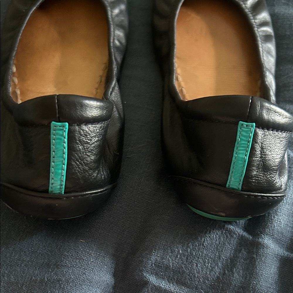 Tieks Black Leather Ballet Flats with Teal Heel Tab - Picture 2 of 7
